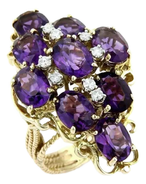 Large Amethyst & Diamonds 14k Yellow Gold Floral Cluster Ring, Size 6