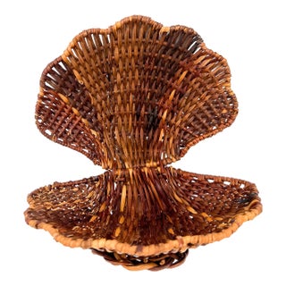 Vintage Woven Rattan Clamshell Basket With Hinged Lid – Coastal Boho Decorative Storage For Sale