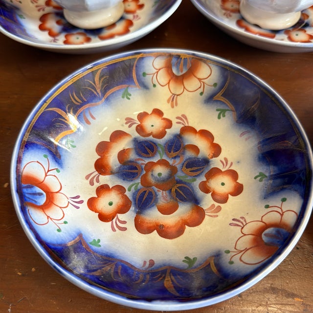 Antique Gaudy Welsh Crescent Pinwheel Flow Blue Cups & Saucers, Set of 5, Circa 1840s A rare and wonderful set of five...