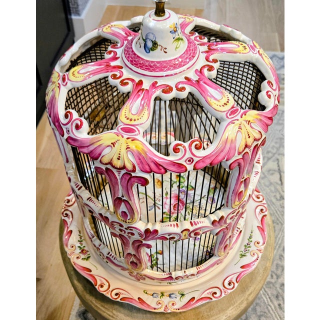 Ceramic Large French Rococo Hand-Painted Porcelain Bird Cage With Original Floral Tray & Bird For Sale - Image 7 of 17