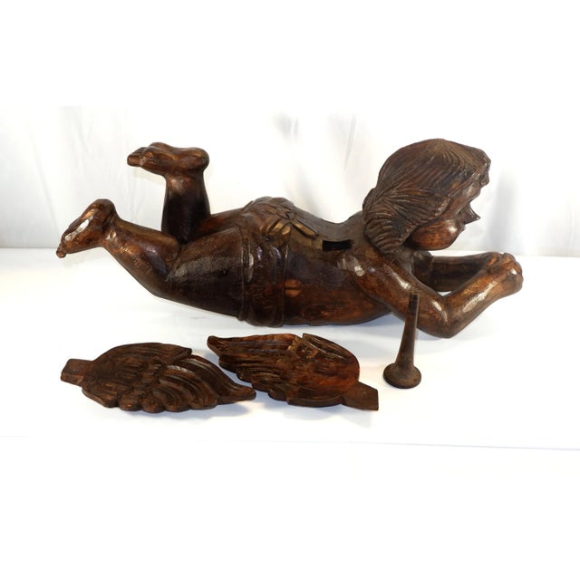 Antique Large Wood Carved Angel W/Trumpet Paper Mache Mold For Sale - Image 9 of 13