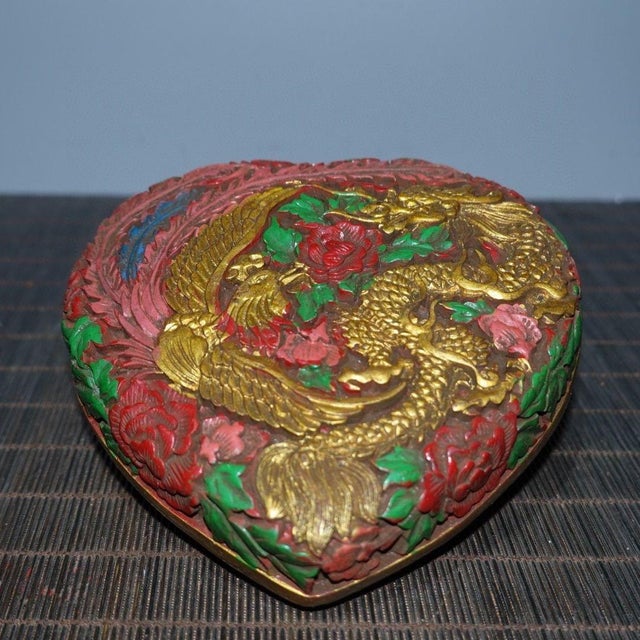 Vintage Chinese Carved Lacquer Heart Shaped Jewelry Box With Dragon Phoenix & Peony Relief For Sale - Image 9 of 9