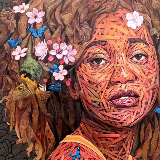 Figurative Oasis by Ifeoluwa Alade | Acrylic and glow in the dark medium on canvas portrait of a woman with floral elements. For Sale - Image 3 of 5