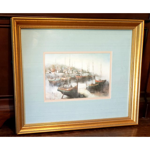 1970s Vintage 1977 Alferio Maugeri Coastal Harbor Print - Original Uttermost Gold Frame For Sale - Image 5 of 6
