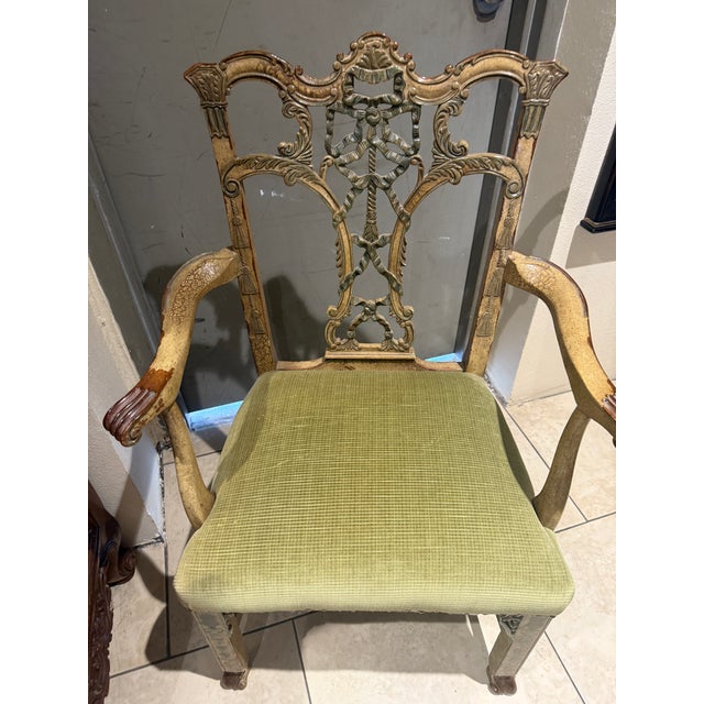 Hand Painted Chinese Chippendale Arm Chair, attributed to Hickory Chair Co, Emma Arm Chair by Thomas O'Brien. Upholstered...