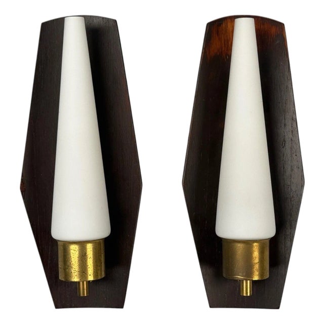 Danish Modern, Teak, Brass, Opaline Glass, Wall Lights, Denmark, 1960s For Sale