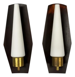 Danish Modern, Teak, Brass, Opaline Glass, Wall Lights, Denmark, 1960s