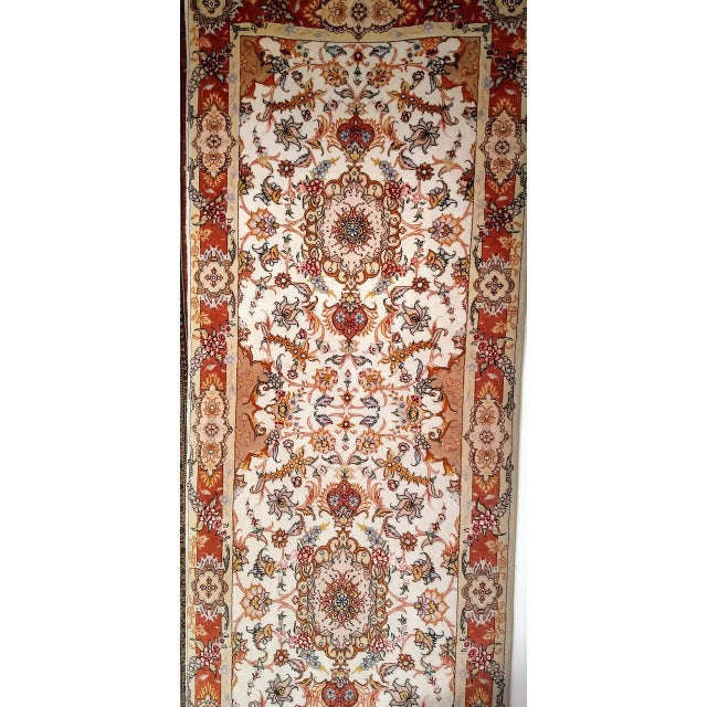 Vintage Persian Tabriz Runner, Fine Hand-Knotted Wool & Silk, Floral Design, Ivory & Red, 3x11 For Sale - Image 13 of 16