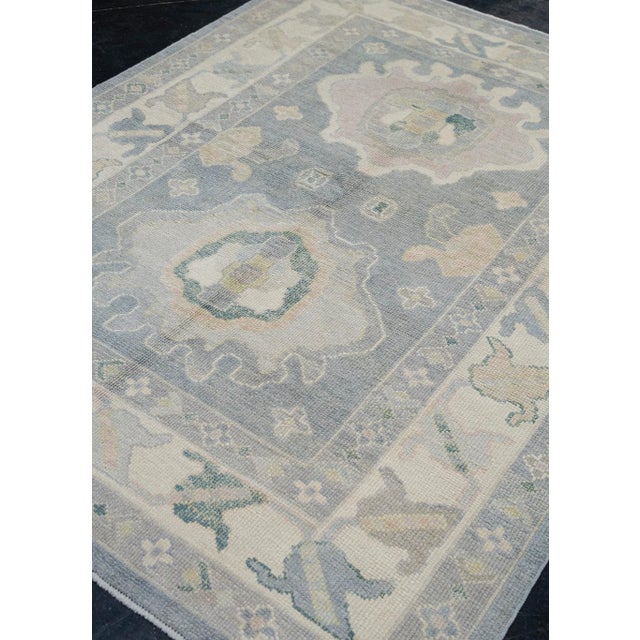 Modern Turkish Oushak Rug Faded Blue Ivory Handwoven Wool Rug 5'5" X 7' For Sale - Image 3 of 8
