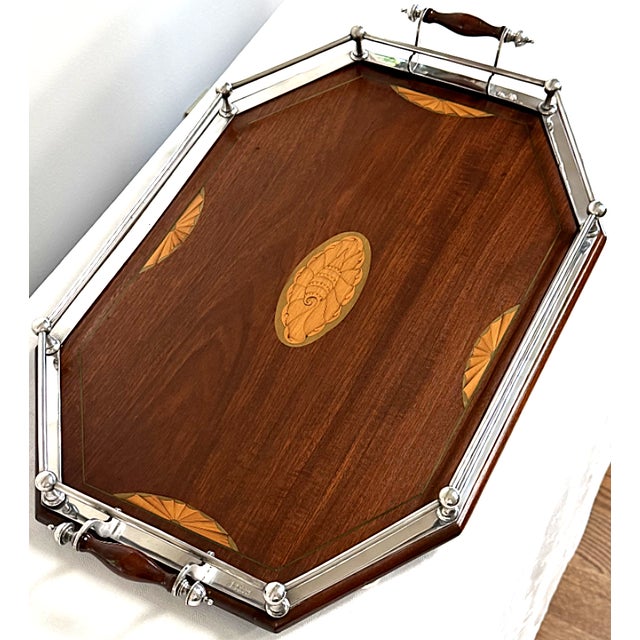 Here is an octagon shaped rectangular tray with inlaid shell and fan motifs upon silver mountings with silver rails and...