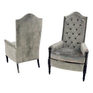 Pair of Tall Tufted Backs Black Lacquer Frames Decorative Arm Chairs Thrones For Sale