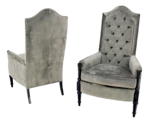 Pair of Tall Tufted Backs Black Lacquer Frames Decorative Arm Chairs Thrones