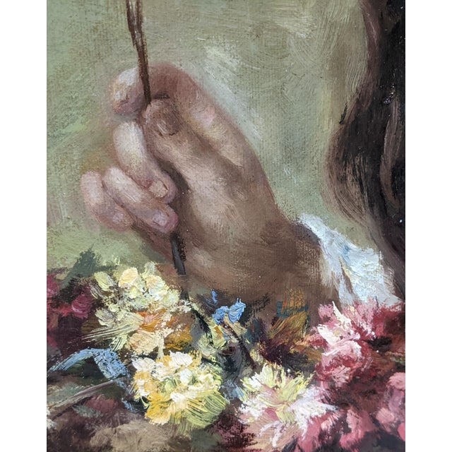 Late 19th Century Attributed Sophie-Vera Bovet Large Vivid Floral Figurative Oil Painting, Green & Gold Gilt Frame For Sale - Image 9 of 17