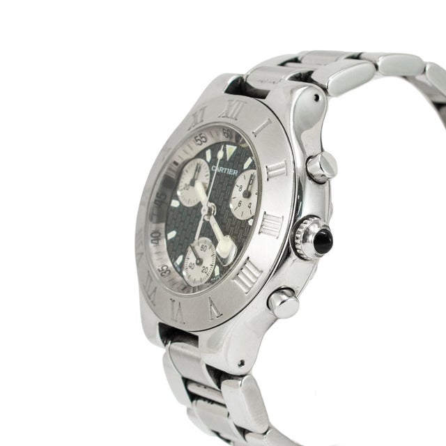 Modern Cartier 21 Chronoscaph 38mm 2424 Black Silver Sub Roman Bezel Steel Quartz Watch For Sale - Image 3 of 9