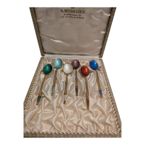 Mid 20th Century A. Michelsen Sterling Silver & Guilloche Enamel Demitasse Spoon Set - 6pcs