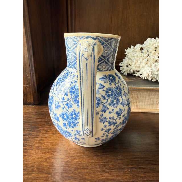 Mid 19th Century Antique W. Ridgway Blue White Transferware Pitcher, English Ironstone Water Jug, Victorian Floral Chinoiserie, Registered Design For Sale - Image 5 of 12