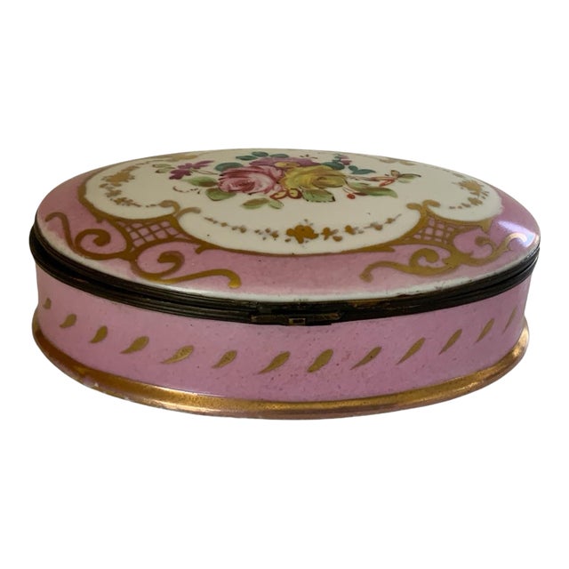 Vintage French Large Porcelain Hinged Trinket Box Pink Gilt Floral Vanity Dish Exclusively for Paris Decorators France 1930s-1950s For Sale