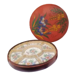 Pre War Japanese Porcelain Hand Painted Condiment\ Sushi Tray and Original Wooden Handpainted Box