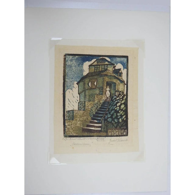 Early 20th century colored woodcut on tan paper of hexagonal building, Marburg German. Signed and titled illegibly in...