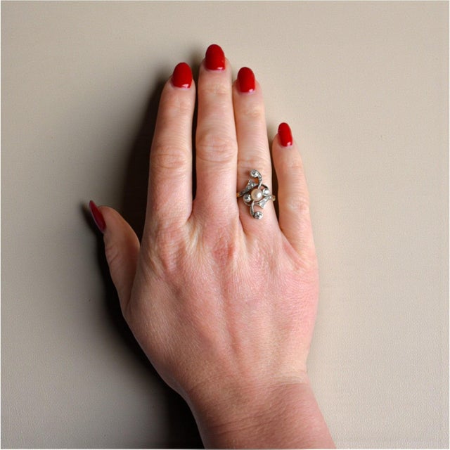 Metal Antique 1910 Art Nouveau Pearl Ring - 18k Gold / Platinum, Size 7 For Sale - Image 7 of 7