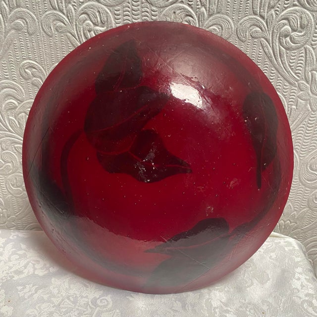 Raspberry Red Vintage Hand Made Vintage 1990’s Art Glass Bowl Leaves Insets For Sale - Image 8 of 11