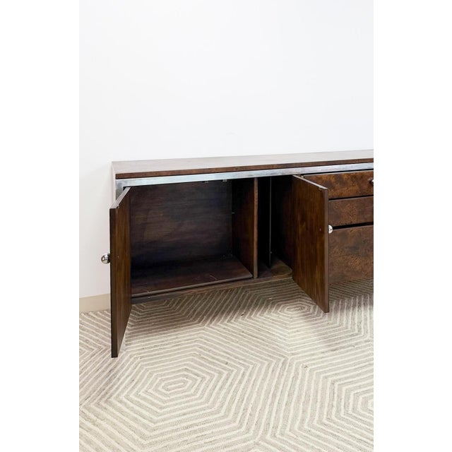 Mid 20th Century Tomlinson Burlwood Credenza Chrome Details Doors Drawers, Buffet, Console For Sale - Image 9 of 18