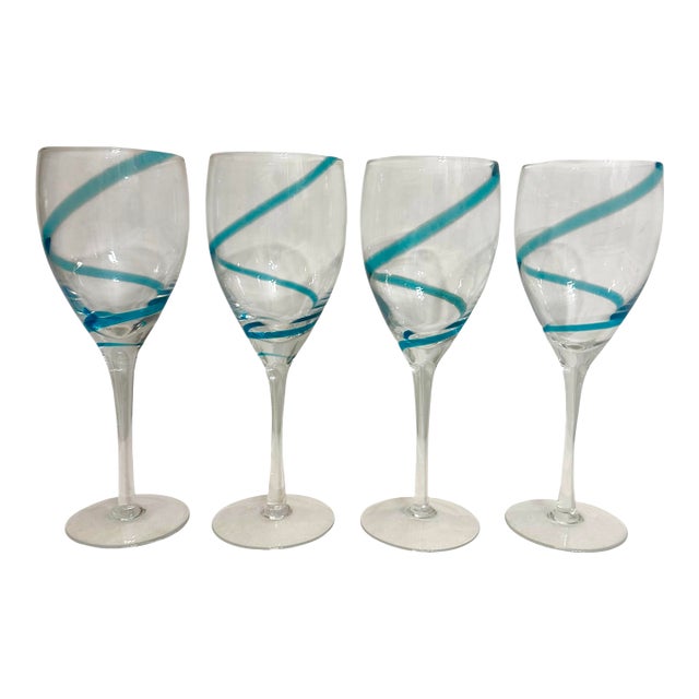 Vintage Pier 1 Imports Swirline Cobalt Blue Wine Glasses - A Set of 4 For Sale