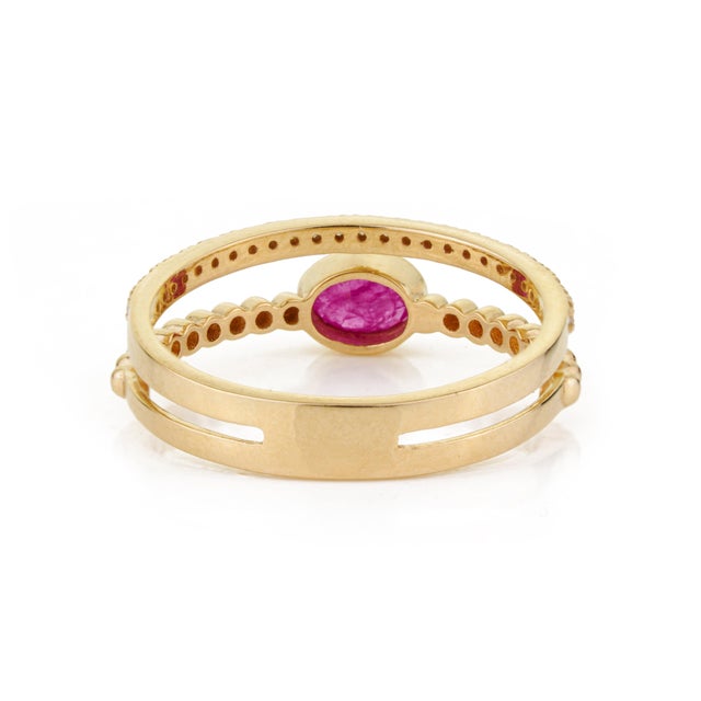 Ruby & Diamond Beaded Double Band Stacking Ring Size 7 Set in 14k Yellow Gold For Sale - Image 10 of 16