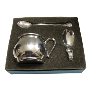 1950s Stainless Baby Gift Set in Original Box, Marked Pewter- 3 Pieces