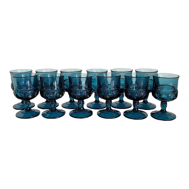 1960s Indiana Glass King's Crown Wine Goblets in Riviera Blue, Set of 12 For Sale