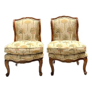 Vintage Palm Print Fabric Slipper Chairs - Pair For Sale