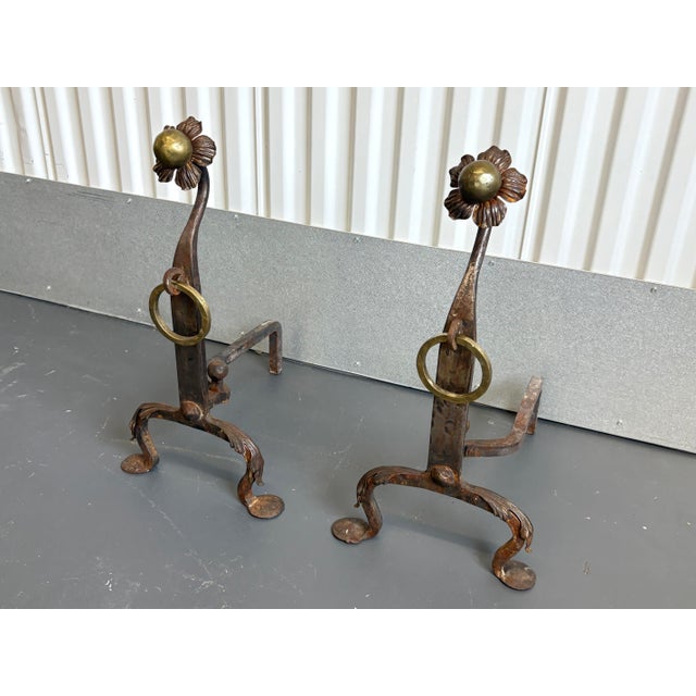 Art Deco Vintage Brass Hammered Flower Fireplace Andirons For Sale - Image 3 of 10