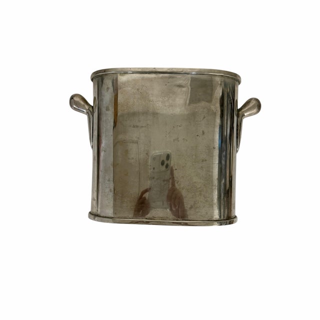 Vintage silverplate wine chiller, cooler. Measures 10” w x 4” d x 7” h. Some minor tarnish. Unmarked.