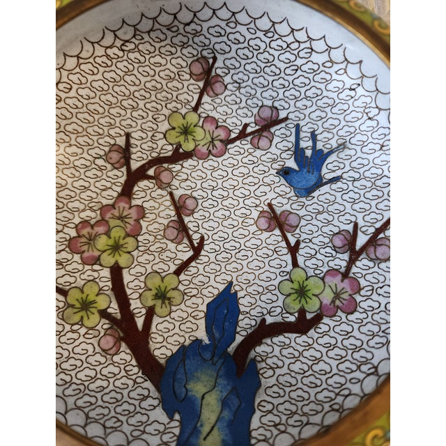 Dorothy Draper Vintage Chinese Cloisonne Enamel Bowl With Bluebird and Cherry Blossoms For Sale - Image 4 of 9