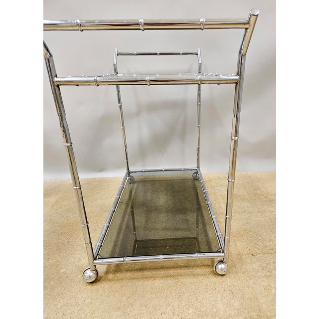 Ornamental & Decorative Materials 1970s Mid-Century Modern Large Faux Bamboo Steel and Smoked Glass Bar Cart For Sale - Image 7 of 11