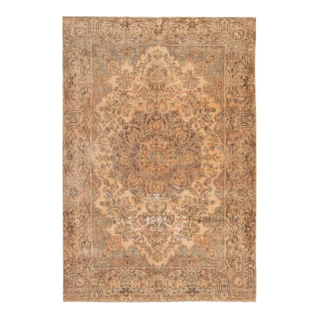 Antique Kerman Handmade Medallion Tan Wool Rug 7 X 10 For Sale