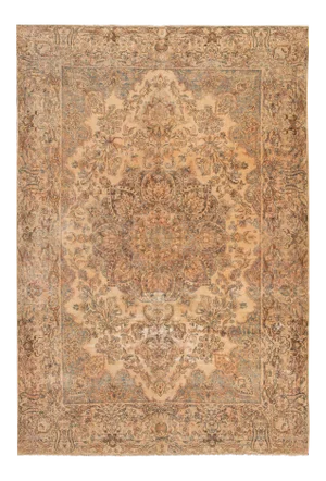 Antique Kerman Handmade Medallion Tan Wool Rug 7 X 10