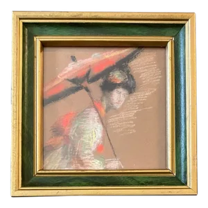 1950’s Original Chinese Impressionist Woman With Parasol Pastel Drawing