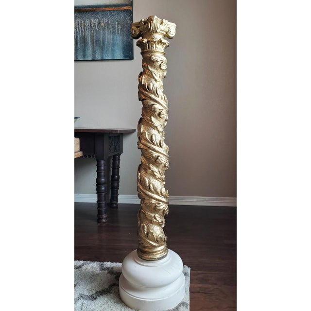 A most impressive authentic European antique architectural salvage hand carved gessoed and gilded solid wood spiral turned...