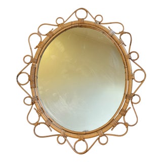 Vintage French Oval Rattan Mirror, 1950s For Sale