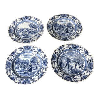 Vintage French Faience Plates in Blue & White "Seasons" Motif Made in Lunéville, France- Set of 4 For Sale