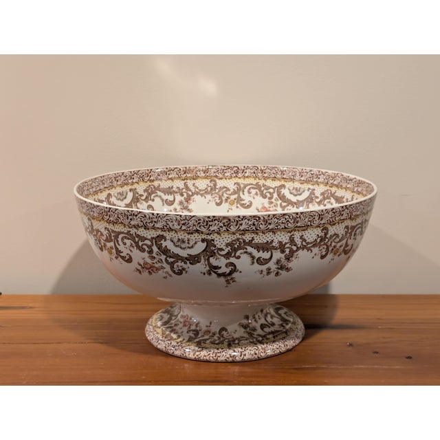 Antique English Maddocks Royal Porcelain footed centerpiece or punch bowl. The transferware pattern depicts ancathus...