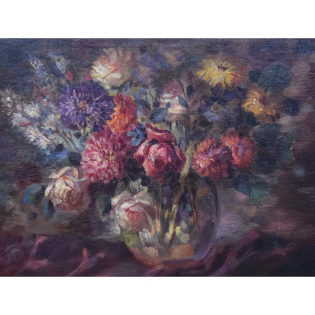 Large Vintage Floral Still Life Oil Painting With Roses For Sale In New York - Image 6 of 10