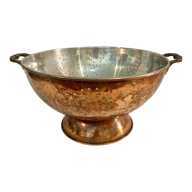 Vintage French Style Footed Copper Colander With Brass Handles – European Farmhouse Kitchen Decor For Sale