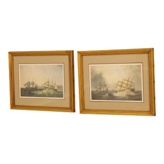Pair Vintage Framed & Matted Tall Clipper Ships Colored Prints For Sale