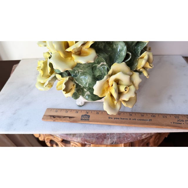 Vintage Italian Capodimonte-Style Porcelain Floral Arrangement Yellow Roses and Green Leaves Set Inside a White Textured Ceramic Basket. For Sale - Image 9 of 16