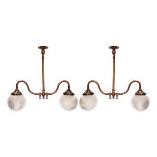 British Hanging Lights with Ribbed Holophane Shades, 1930s, Set of 2 For Sale