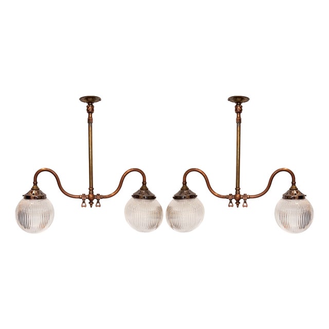 British Hanging Lights with Ribbed Holophane Shades, 1930s, Set of 2 For Sale