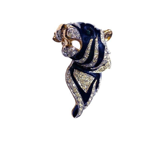 Mid-Century Modern Vintage Gold Tone Black Enamel Clear Rhinestone Zebra Brooch Pin For Sale - Image 3 of 6