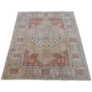 Midcentury Oushak Rug in Neutrals, Flesh Tones, Blues For Sale